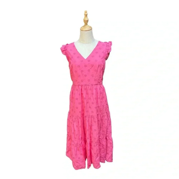 J Crew Pink Midi Eyelet Dress with Pockets Size 8 - Picture 1 of 6